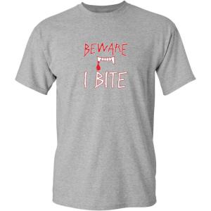 imageBeware I Bite Adult Humor Halloween Graphic Novelty Sarcastic Funny T ShirtSport Grey