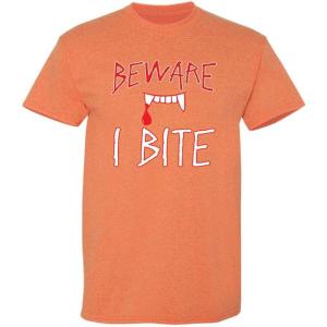 imageBeware I Bite Adult Humor Halloween Graphic Novelty Sarcastic Funny T ShirtSunset