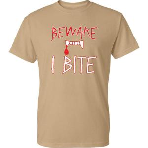 imageBeware I Bite Adult Humor Halloween Graphic Novelty Sarcastic Funny T ShirtTan
