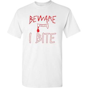 imageBeware I Bite Adult Humor Halloween Graphic Novelty Sarcastic Funny T ShirtWhite