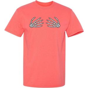 imageSkeleton Hands On Boobs Halloween Graphic Novelty Sarcastic Funny T ShirtCoral