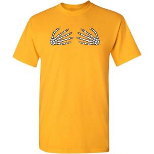 imageSkeleton Hands On Boobs Halloween Graphic Novelty Sarcastic Funny T ShirtGold