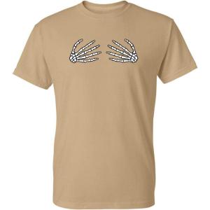 imageSkeleton Hands On Boobs Halloween Graphic Novelty Sarcastic Funny T ShirtTan