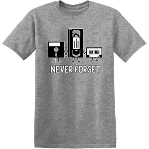 imageNever Forget Mens Cassette Tape VHS Gamer Old School Mens Very Funny T ShirtHeather Grey