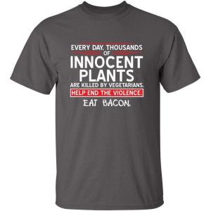 imageMens Save Innocent Plants Eat Bacon Humor Graphic Sarcastic Funny T ShirtCharcoal