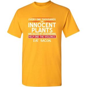 imageMens Save Innocent Plants Eat Bacon Humor Graphic Sarcastic Funny T ShirtGold