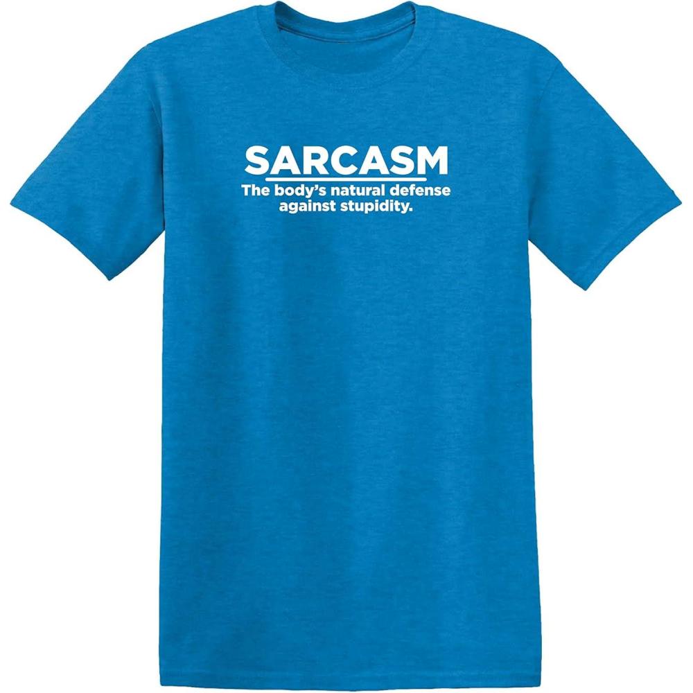 imageSarcasm Bodys Natural Defense Against Stupidity Life Goals Tee  Funny Graphic T Shirt  Funny Mens T ShirtHeather Sapphire