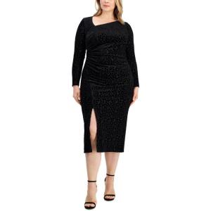 imageAnne Klein Womens Asymmetrical Neck Ruched Midi DressAsphalt