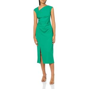 imageAnne Klein Womens Asymmetrical Neck Ruched Midi DressGreen Sprig