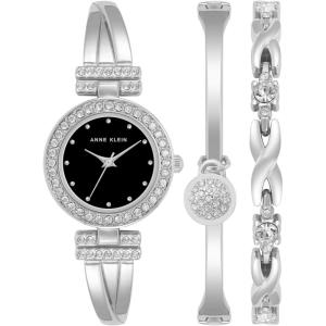 imageAnne Klein Womens Premium Crystal Accented Bangle Watch and Bracelet SetSilverBlack