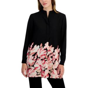imageAnne Klein Womens LS PopOver Blouse with Covered PlacketBlackCerise