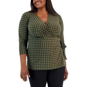 imageAnne Klein Womens Plus Size Printed Ity 34 SLV Wrap TopRetro OliveBlack