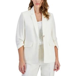 imageAnne Klein Womens Ruched Linen OneButton BlazerBright White