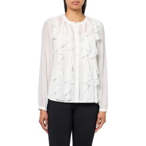 imageAnne Klein Womens Bttn Frt Cascade Ruffle Long Sleeve BlouBright White