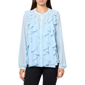 imageAnne Klein Womens Bttn Frt Cascade Ruffle Long Sleeve BlouOpal Blue