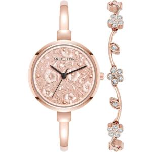 imageAnne Klein Womens Floral Dial Bangle Watch and Premium Crystal Accented Bracelet SetRose Gold