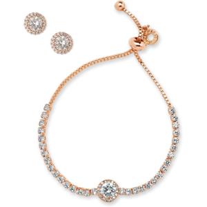 imageAnne Klein Gold Tone Clear Crystal 8MM Center Stone Halo Slider Adjustable Bracelet Earring Set