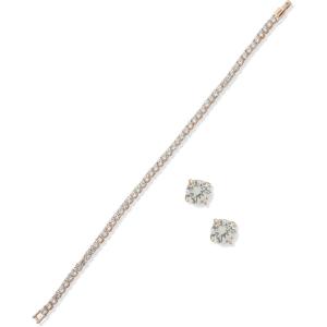 imageAnne Klein Rose Gold Tone Clear Crystal 2MM Tennis Setting Flex Bracelet Earrings Set