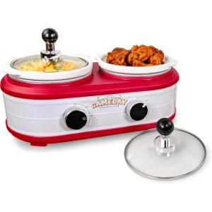 imageNostalgia Game Day 25Quart 2Section Slow Cooker with Lid and Ladle KegLike Design Cooks Chicken Wings Meatballs Chilli Cheese Soup Stews and More25 Qt Slow Cooker