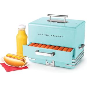imageNostalgia Game Day Hot Dog Steamer and Bun Warmer Fits 20 Dogs and 8 Buns Steams Pot Stickers Veggies Potatoes and Other Appetizers or ToppingsAqua Steamer