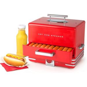 imageNostalgia Game Day Hot Dog Steamer and Bun Warmer Fits 20 Dogs and 8 Buns Steams Pot Stickers Veggies Potatoes and Other Appetizers or ToppingsRed Steamer