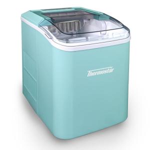 imageNostalgia Thermostar Automatic SelfCleaning Portable Electric Countertop Ice Maker Machine With Handle26 Pounds in 24 Hours with Ice Scoop and BasketPerfect for Water BottlesDrinksPartiesSilverAqua