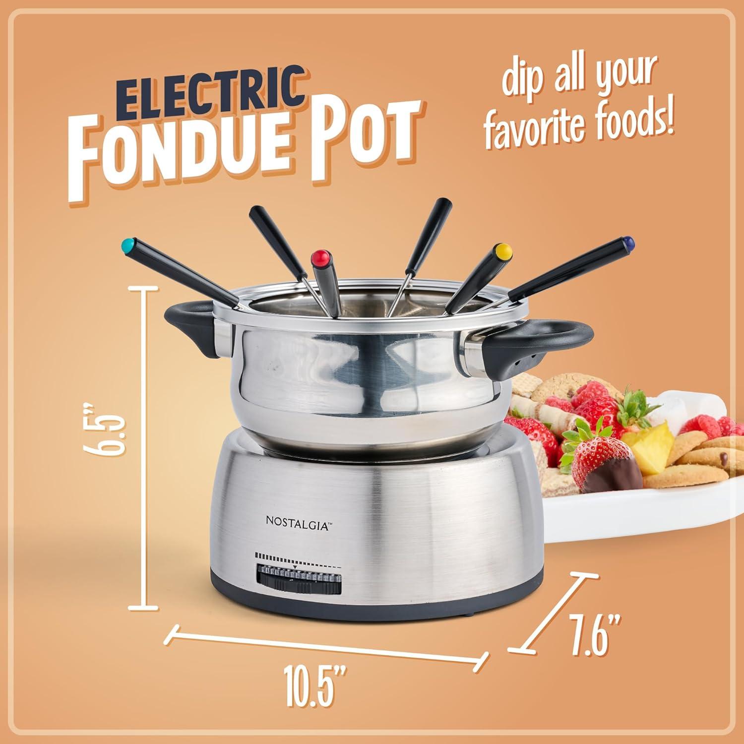 imageNostalgia 8Cup Electric Fondue Pot Set for Cheese ampamp Chocolate  8 ColorCoded Forks Adjustable Temperature Control  Stylish Serving for Hors dOeuvres Entrees and Desserts  Stainless Steel6 Cup Stainless