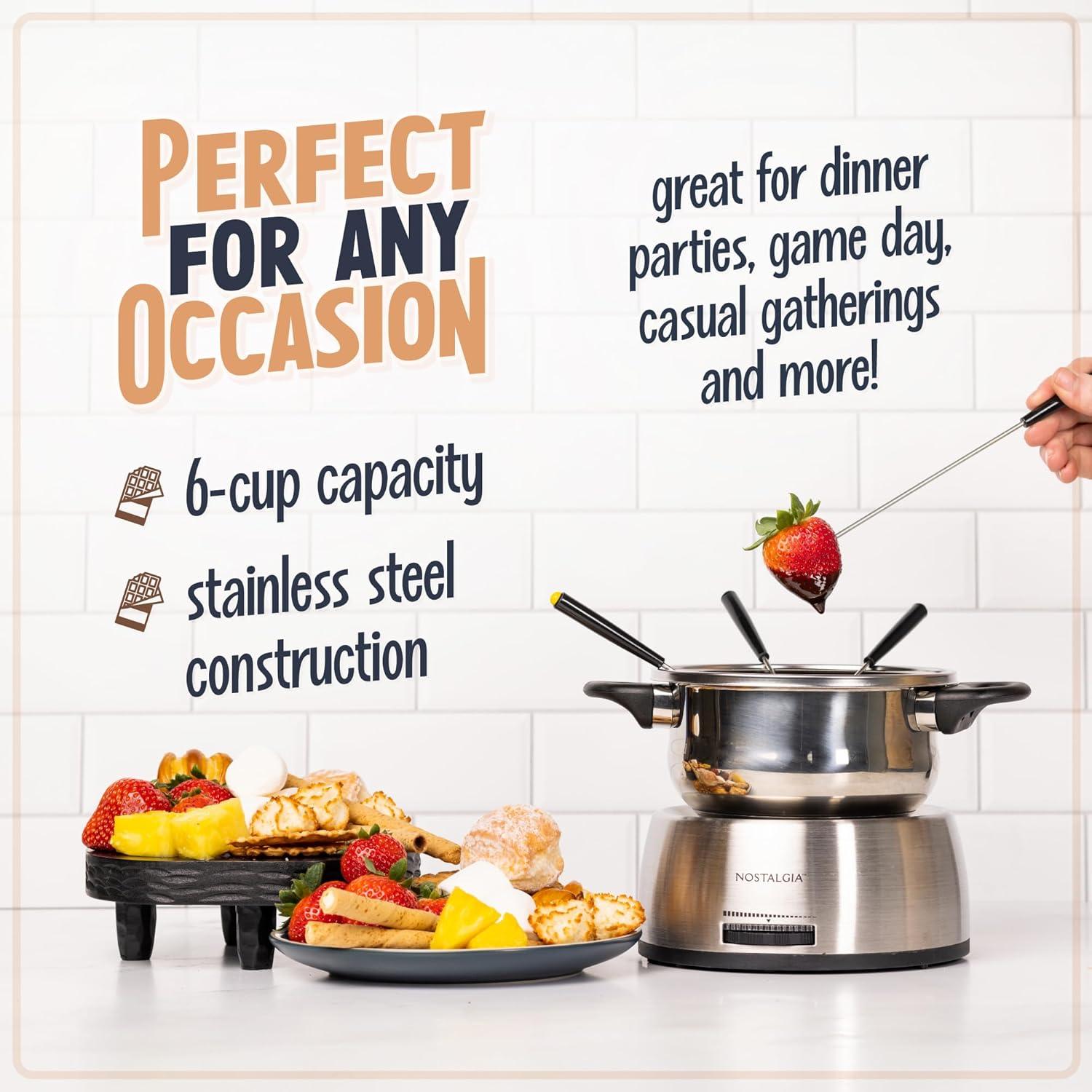 imageNostalgia 8Cup Electric Fondue Pot Set for Cheese ampamp Chocolate  8 ColorCoded Forks Adjustable Temperature Control  Stylish Serving for Hors dOeuvres Entrees and Desserts  Stainless Steel6 Cup Stainless