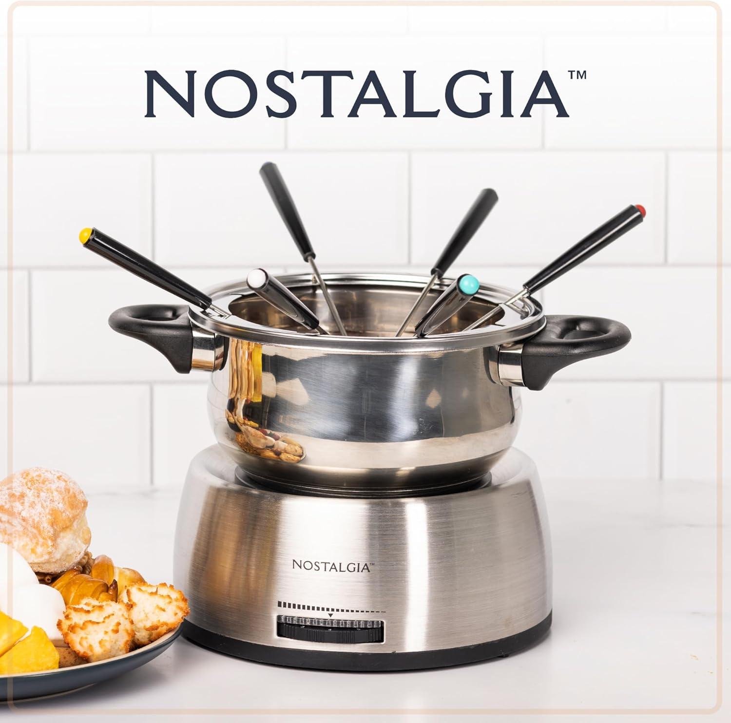 imageNostalgia 8Cup Electric Fondue Pot Set for Cheese ampamp Chocolate  8 ColorCoded Forks Adjustable Temperature Control  Stylish Serving for Hors dOeuvres Entrees and Desserts  Stainless Steel6 Cup Stainless