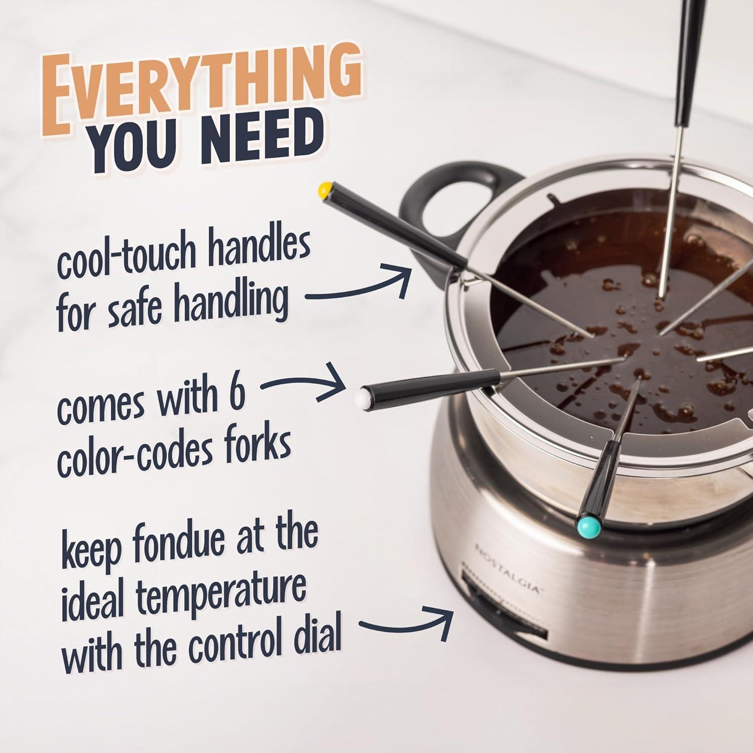 imageNostalgia 8Cup Electric Fondue Pot Set for Cheese ampamp Chocolate  8 ColorCoded Forks Adjustable Temperature Control  Stylish Serving for Hors dOeuvres Entrees and Desserts  Stainless Steel6 Cup Stainless
