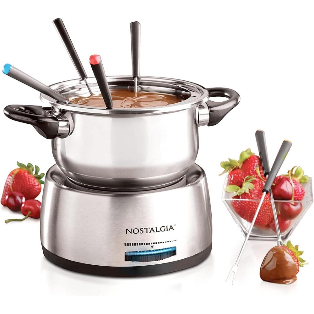 imageNostalgia 8Cup Electric Fondue Pot Set for Cheese ampamp Chocolate  8 ColorCoded Forks Adjustable Temperature Control  Stylish Serving for Hors dOeuvres Entrees and Desserts  Stainless Steel6 Cup Stainless