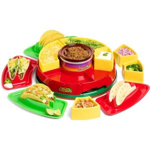 imageNostalgia Taco Tuesday Heated Lazy Susan Taco Bar Serving Set for a Party with 4 Tortilla Holders Fondue Pot for Burritos Nachos and Fajitas  20 Oz  RedLazy Susan Red