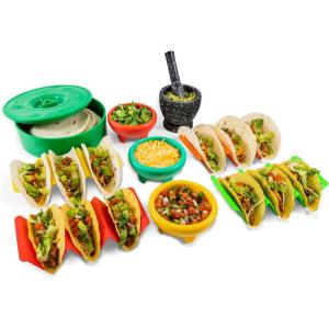 imageTaco Tuesday Complete Taco Serving Set with Tortilla Warmer Salsa Bowls Shell Holders and Mortar and Pestle  9Piece Set  Red Yellow and Green
