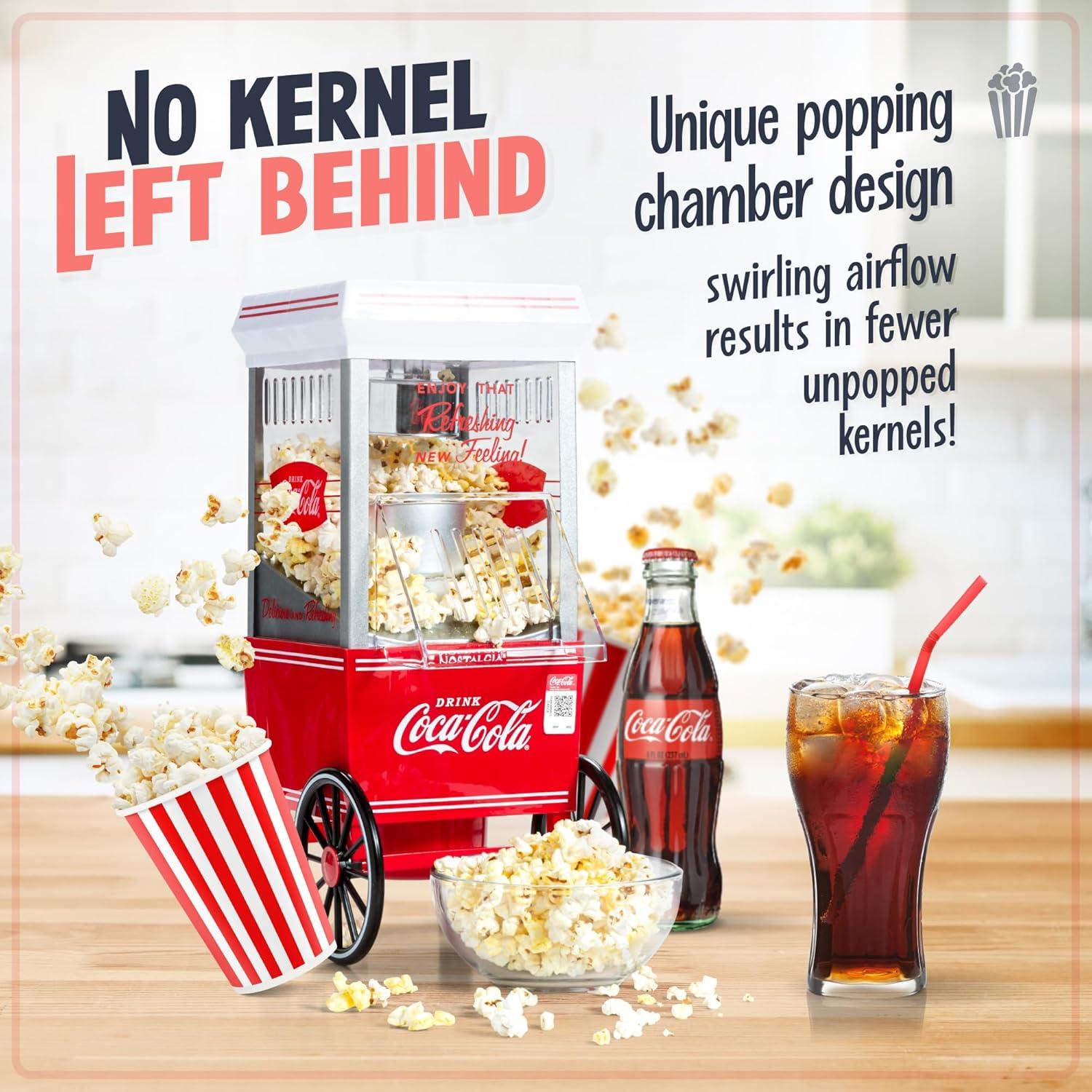 imageNostalgia Maker 12 Cups CocaCola Hot Air Popcorn Machine with Measuring Cap Oil Free Vintage Movie Theater Style White and RedCoke