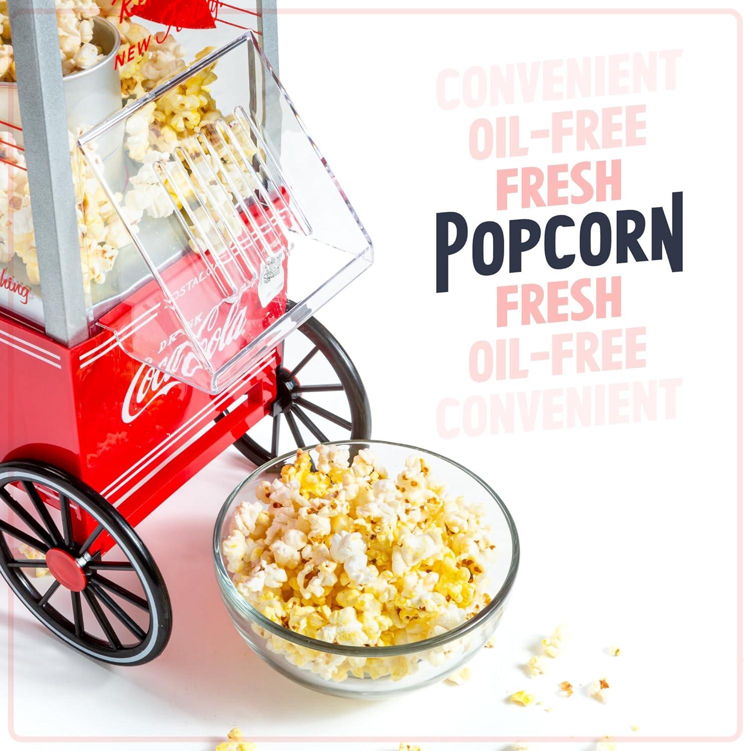 imageNostalgia Maker 12 Cups CocaCola Hot Air Popcorn Machine with Measuring Cap Oil Free Vintage Movie Theater Style White and RedCoke