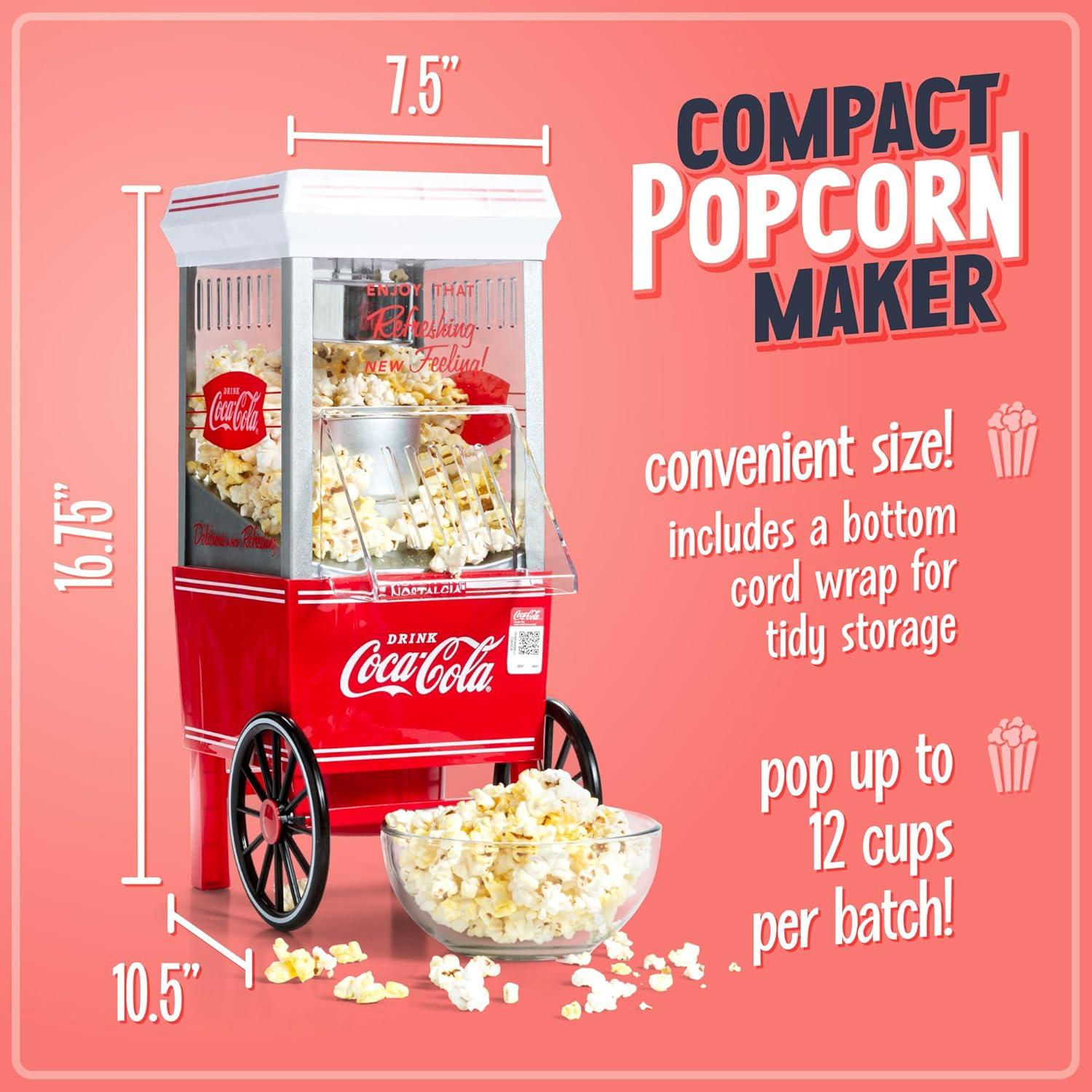 imageNostalgia Maker 12 Cups CocaCola Hot Air Popcorn Machine with Measuring Cap Oil Free Vintage Movie Theater Style White and RedCoke
