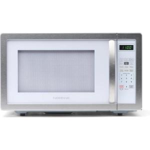 imageFarberware Countertop Microwave 1000 Watts 11 cu ft  Microwave Oven With LED Lighting and Child Lock  Perfect for Apartments and Dorms  Easy Clean Metallic RedWhitePlatinum