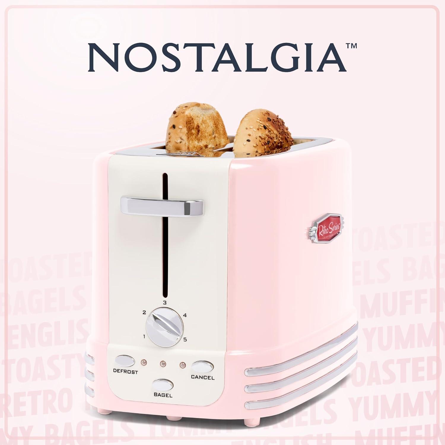 imageNostalgia Retro Wide 2Slice Toaster Vintage Design With Crumb Tray Cord Storage ampamp 5 Toasting Levels RedPink