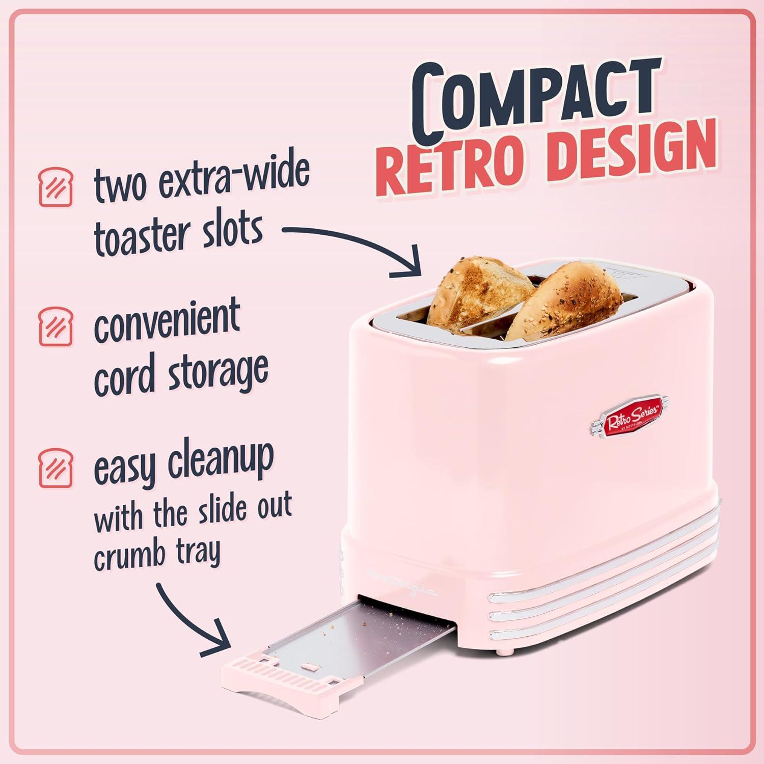 imageNostalgia Retro Wide 2Slice Toaster Vintage Design With Crumb Tray Cord Storage ampamp 5 Toasting Levels RedPink