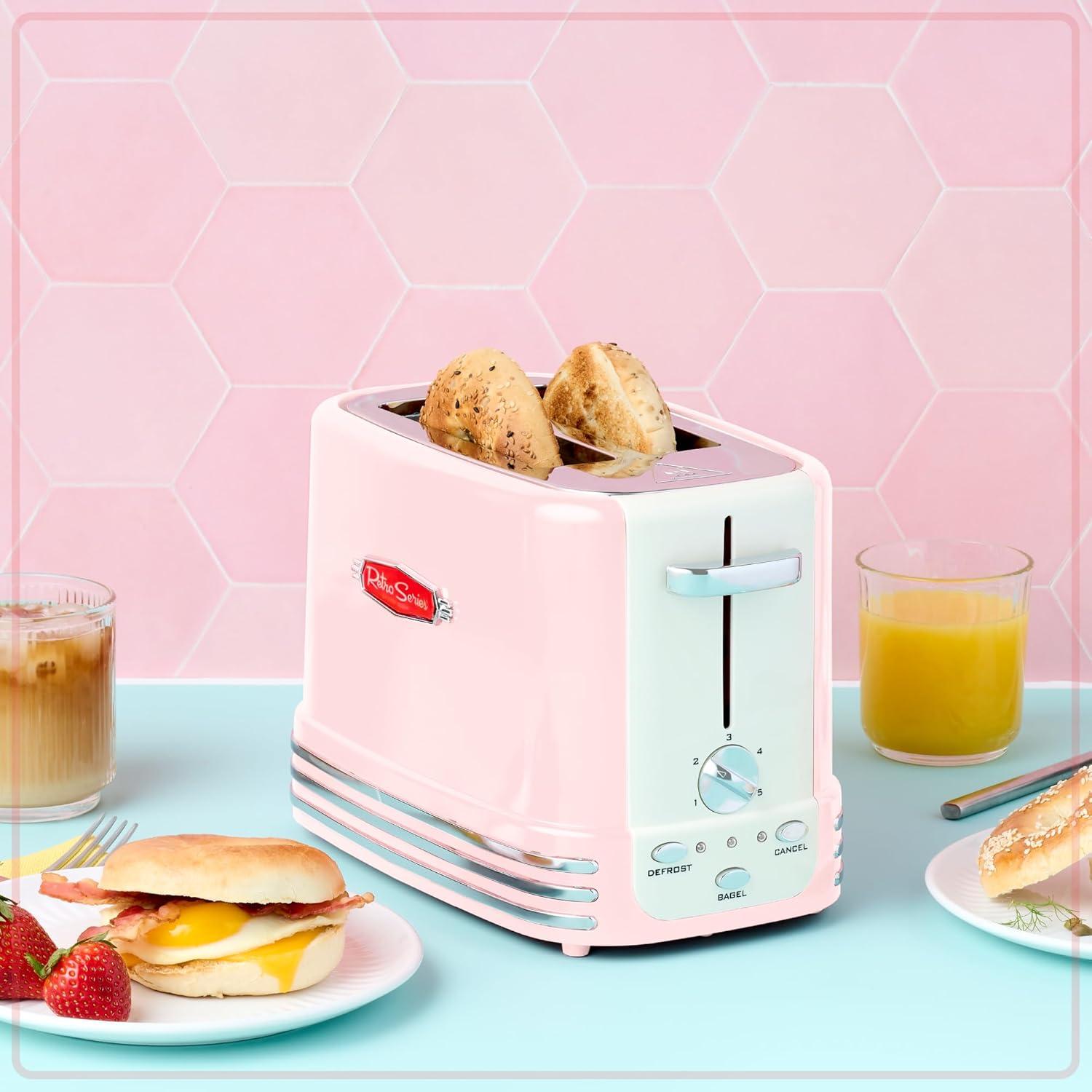 imageNostalgia Retro Wide 2Slice Toaster Vintage Design With Crumb Tray Cord Storage ampamp 5 Toasting Levels RedPink