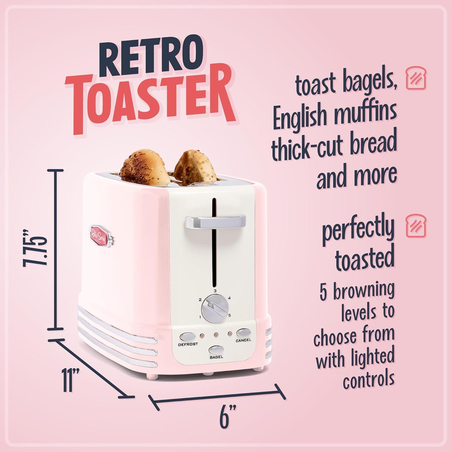imageNostalgia Retro Wide 2Slice Toaster Vintage Design With Crumb Tray Cord Storage ampamp 5 Toasting Levels RedPink