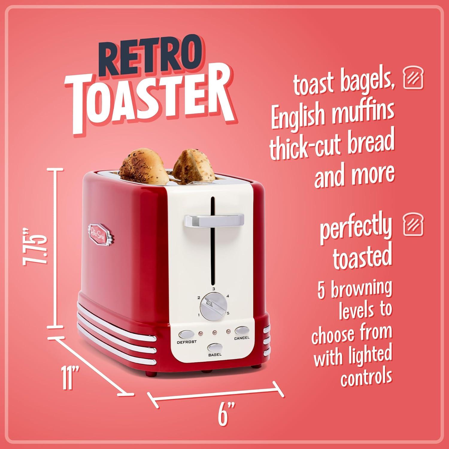 imageNostalgia Retro Wide 2Slice Toaster Vintage Design With Crumb Tray Cord Storage ampamp 5 Toasting Levels RedRed