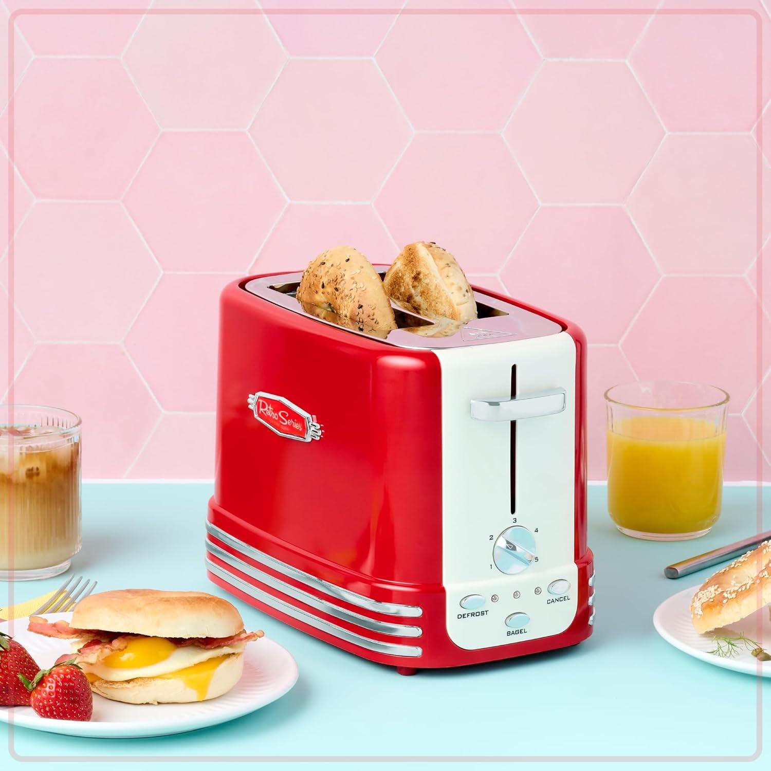 imageNostalgia Retro Wide 2Slice Toaster Vintage Design With Crumb Tray Cord Storage ampamp 5 Toasting Levels RedRed