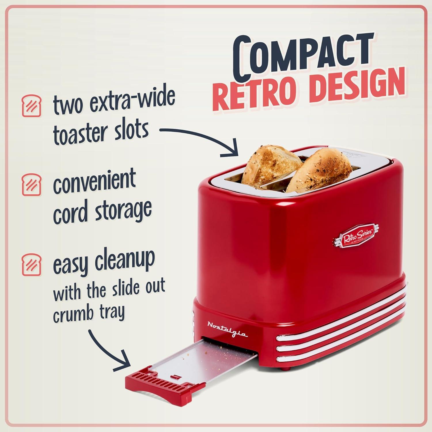 imageNostalgia Retro Wide 2Slice Toaster Vintage Design With Crumb Tray Cord Storage ampamp 5 Toasting Levels RedRed
