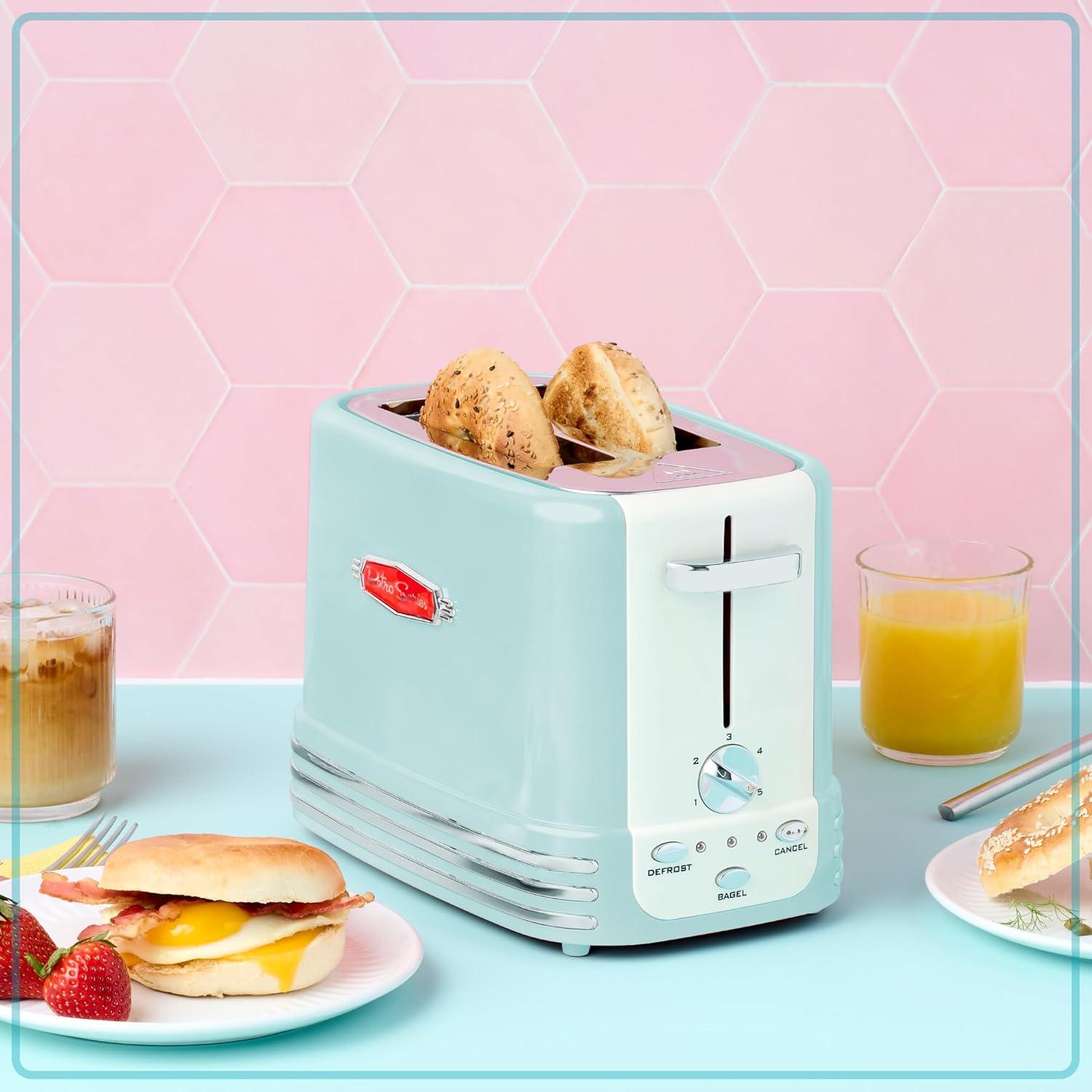 imageNostalgia Retro Wide 2Slice Toaster Vintage Design With Crumb Tray Cord Storage ampamp 5 Toasting Levels RedToaster Aqua