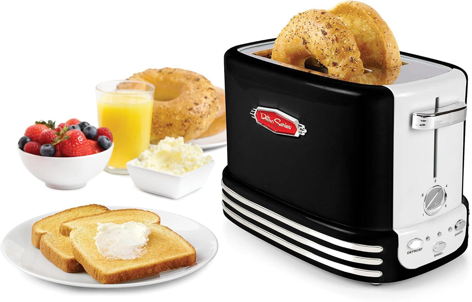 imageNostalgia Retro Wide 2Slice Toaster Vintage Design With Crumb Tray Cord Storage ampamp 5 Toasting Levels RedToaster Black