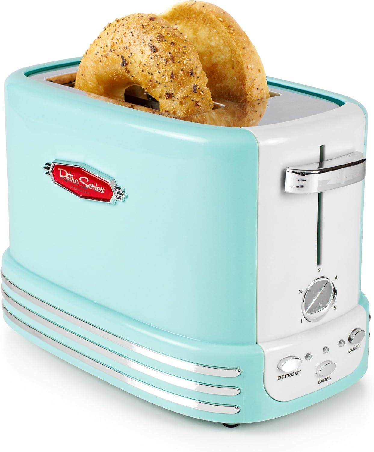 imageNostalgia Retro Wide 2Slice Toaster Vintage Design With Crumb Tray Cord Storage ampamp 5 Toasting Levels RedTurquoise