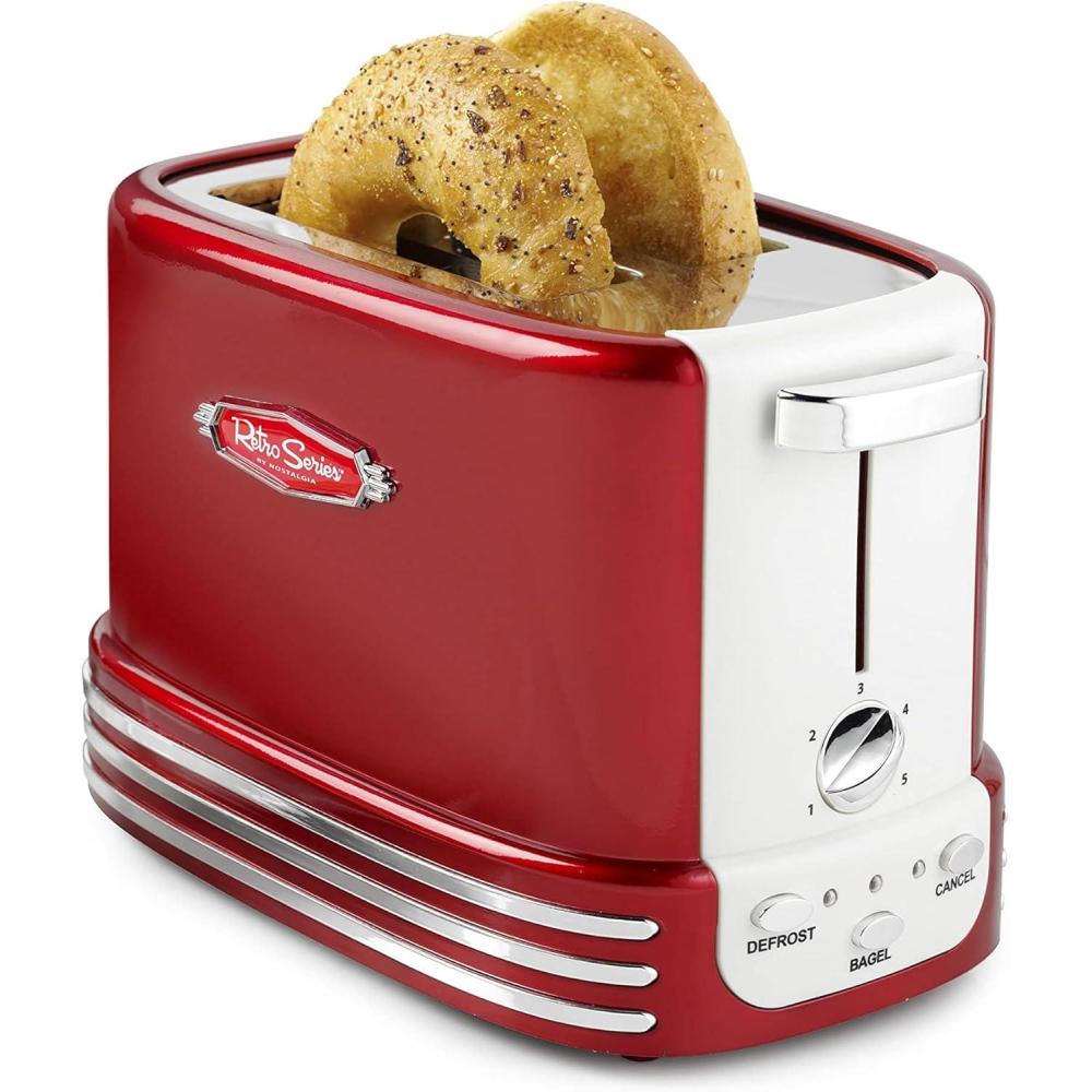 imageNostalgia Retro Wide 2Slice Toaster Vintage Design With Crumb Tray Cord Storage ampamp 5 Toasting Levels RedRed