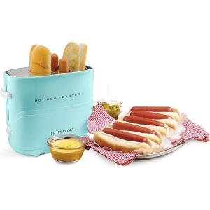 imageNostalgia 2 Slot Hot Dog and Bun Toaster with Mini Tongs Retro Toaster Cooker that Works Chicken Turkey Veggie Links Sausages Brats Metallic RedAqua Original