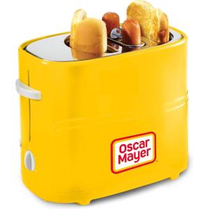 imageNostalgia 2 Slot Hot Dog and Bun Toaster with Mini Tongs Retro Toaster Cooker that Works Chicken Turkey Veggie Links Sausages Brats Metallic RedYellow